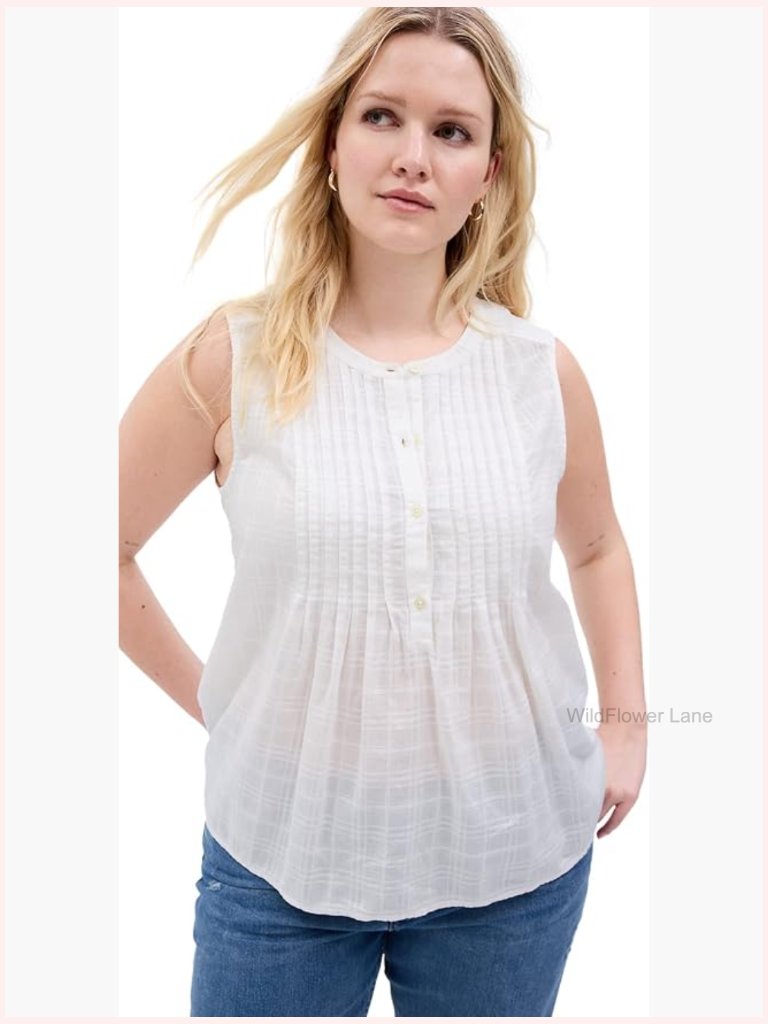 Pintuck Button Down Blouse Short Sleeve Cotton Relaxed Fit Top